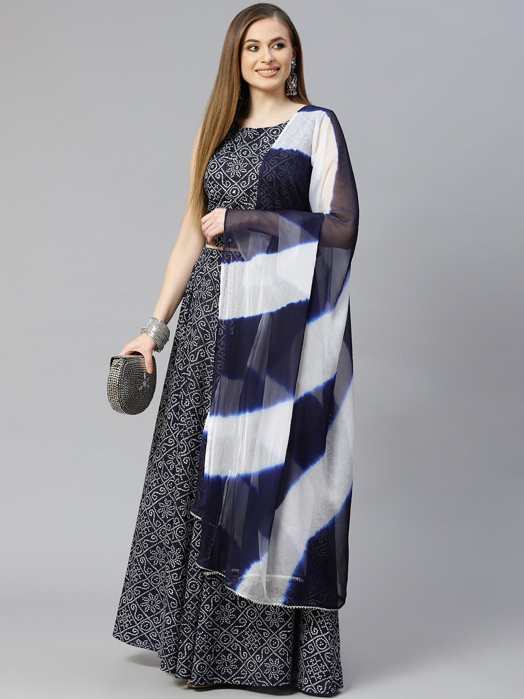 Women Bandhani Print Cambric Crop Top Skirt Set (Pre-Order)