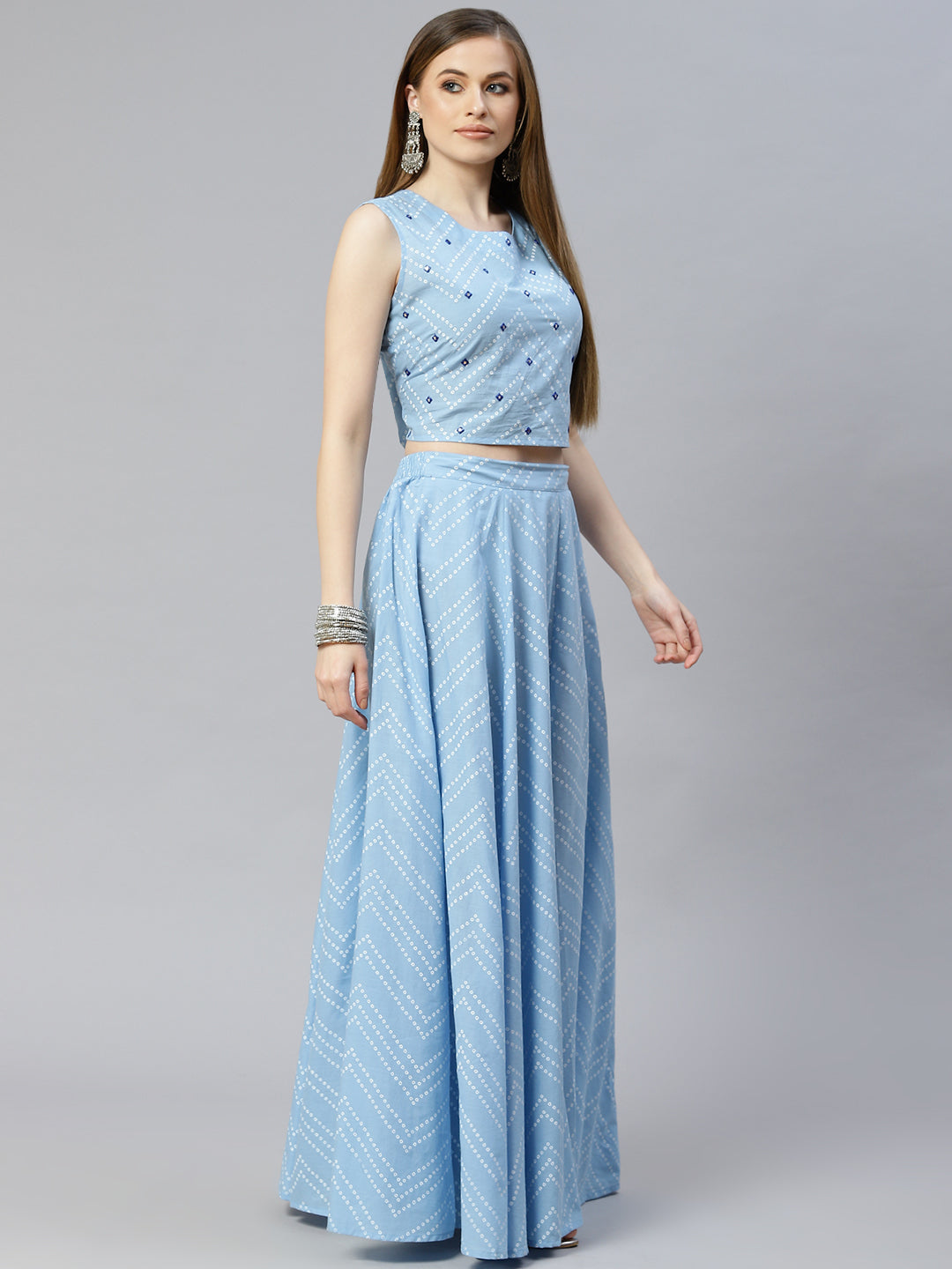 Women Bandhani Print Cambric Crop Top Skirt Set (Pre-Order)