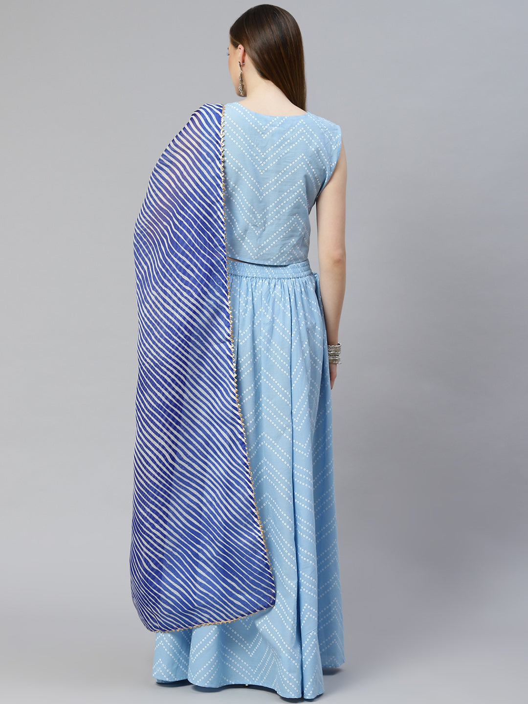 Women Bandhani Print Cambric Crop Top Skirt Set (Pre-Order)