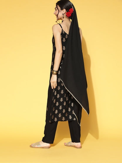 Women Gold Print Rayon Straight Kurta Pant Dupatta Set (Pre-Order)