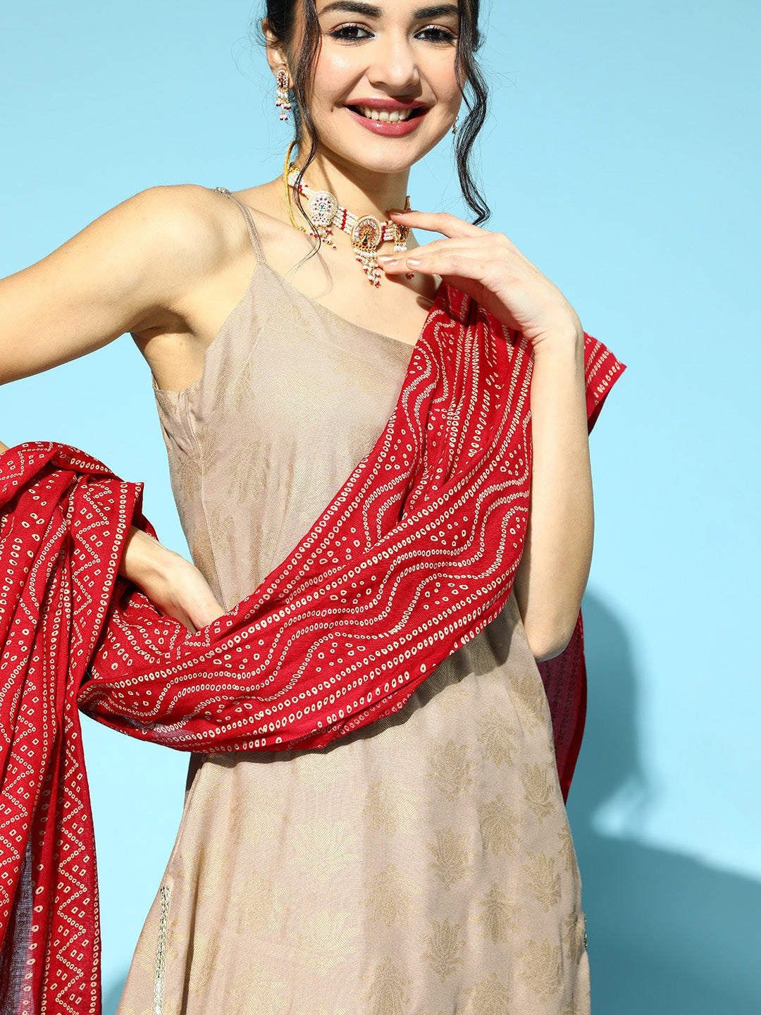Women Gold Print Rayon Straight Kurta Pant Dupatta Set (Pre-Order)