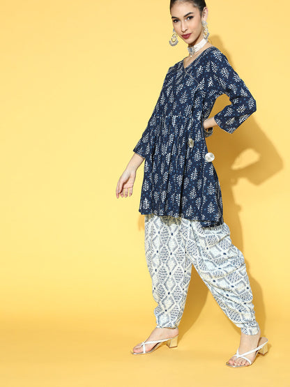 Indigo Printed Cotton Short Kurti with Dhoti Pant (Pre-Order)