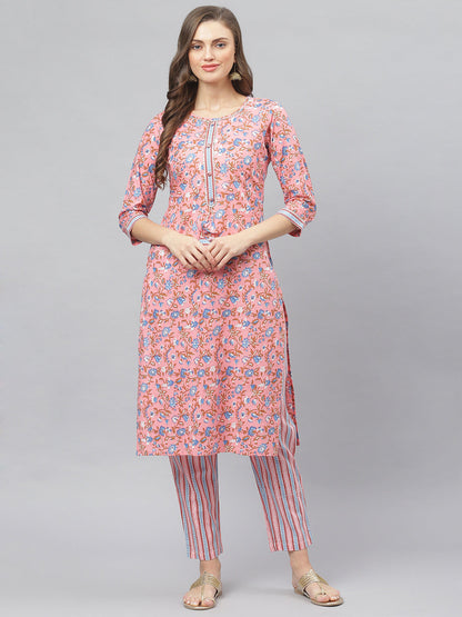 Women's Floral Print Cotton Straight Kurta Pant Set (Pre-Order)