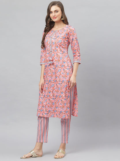 Women's Floral Print Cotton Straight Kurta Pant Set (Pre-Order)