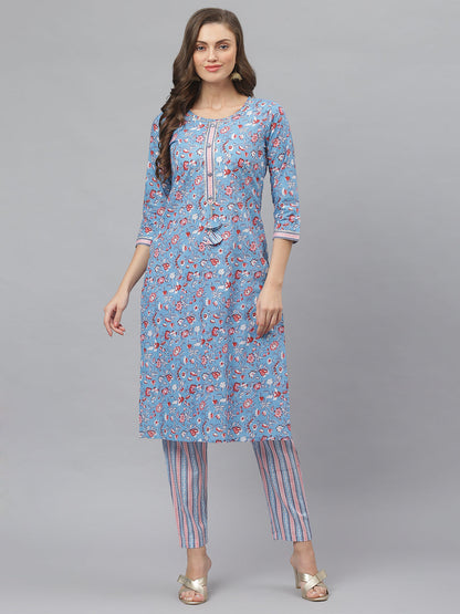 Women's Floral Print Cotton Straight Kurta Pant Set (Pre-Order)