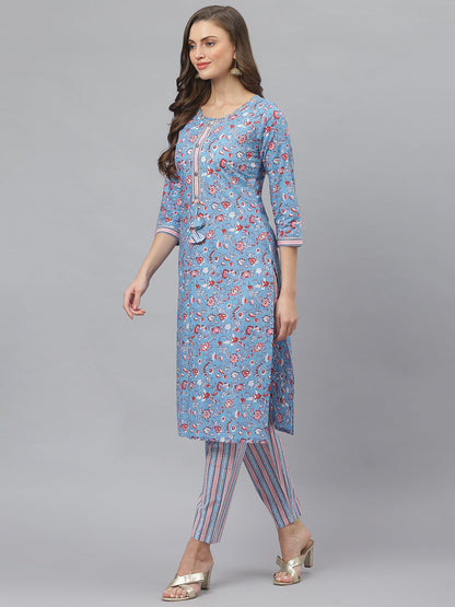 Women's Floral Print Cotton Straight Kurta Pant Set (Pre-Order)