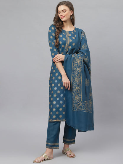 Women's Gold Printed Rayon Straight Kurta Pant Dupatta Set (Pre-Order)