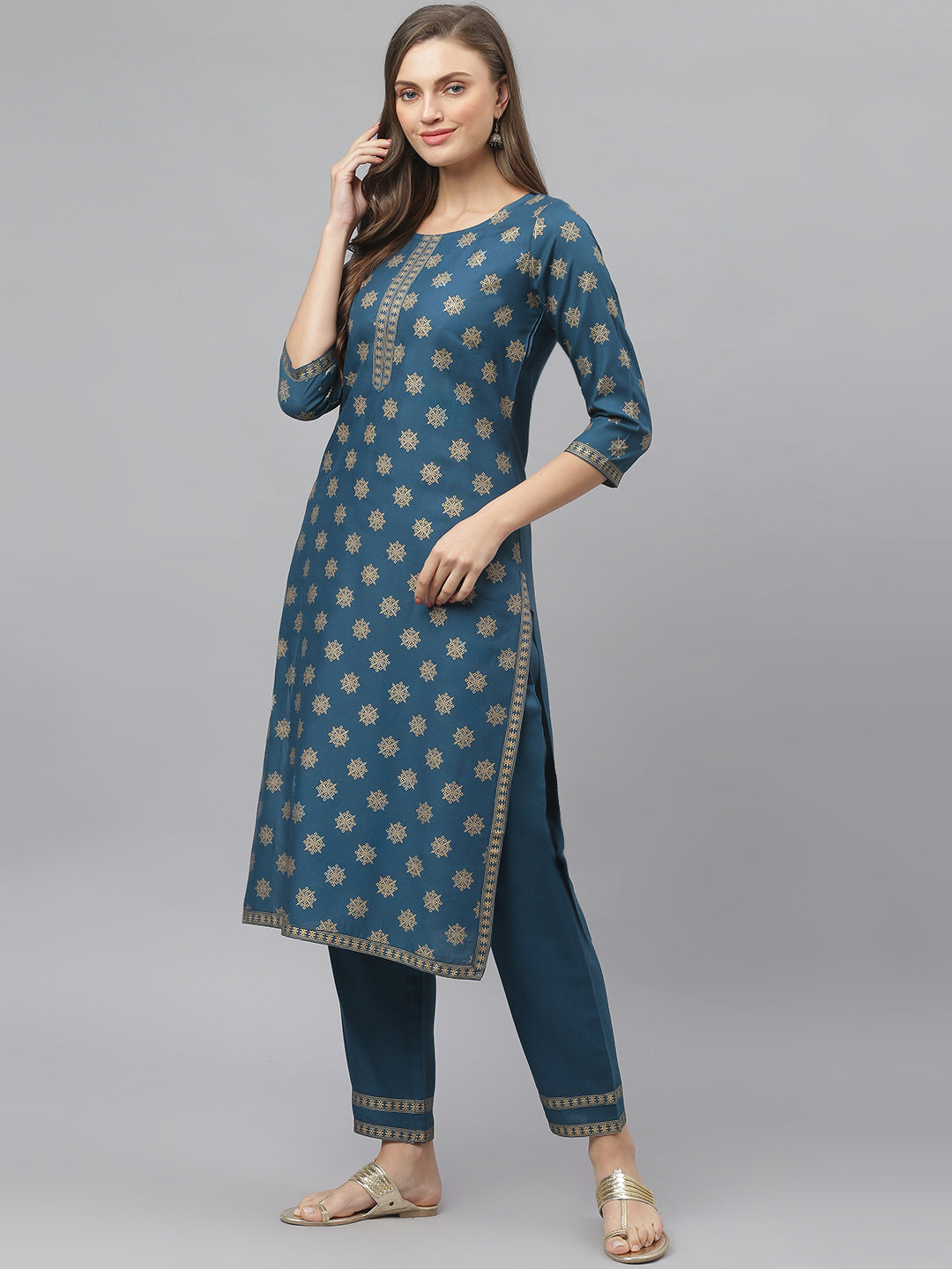 Women's Gold Printed Rayon Straight Kurta Pant Dupatta Set (Pre-Order)