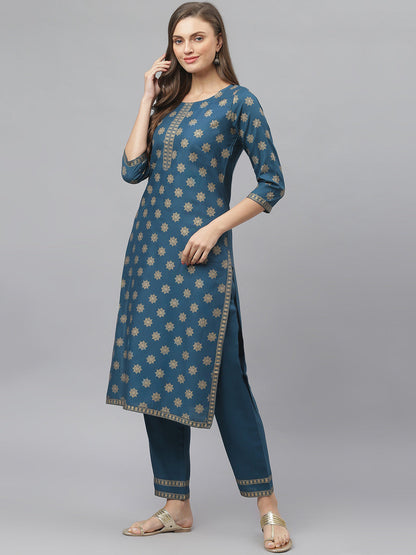 Women's Gold Printed Rayon Straight Kurta Pant Dupatta Set (Pre-Order)