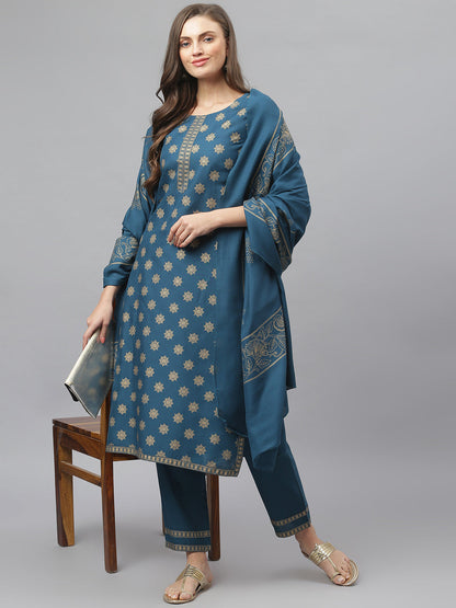 Women's Gold Printed Rayon Straight Kurta Pant Dupatta Set (Pre-Order)