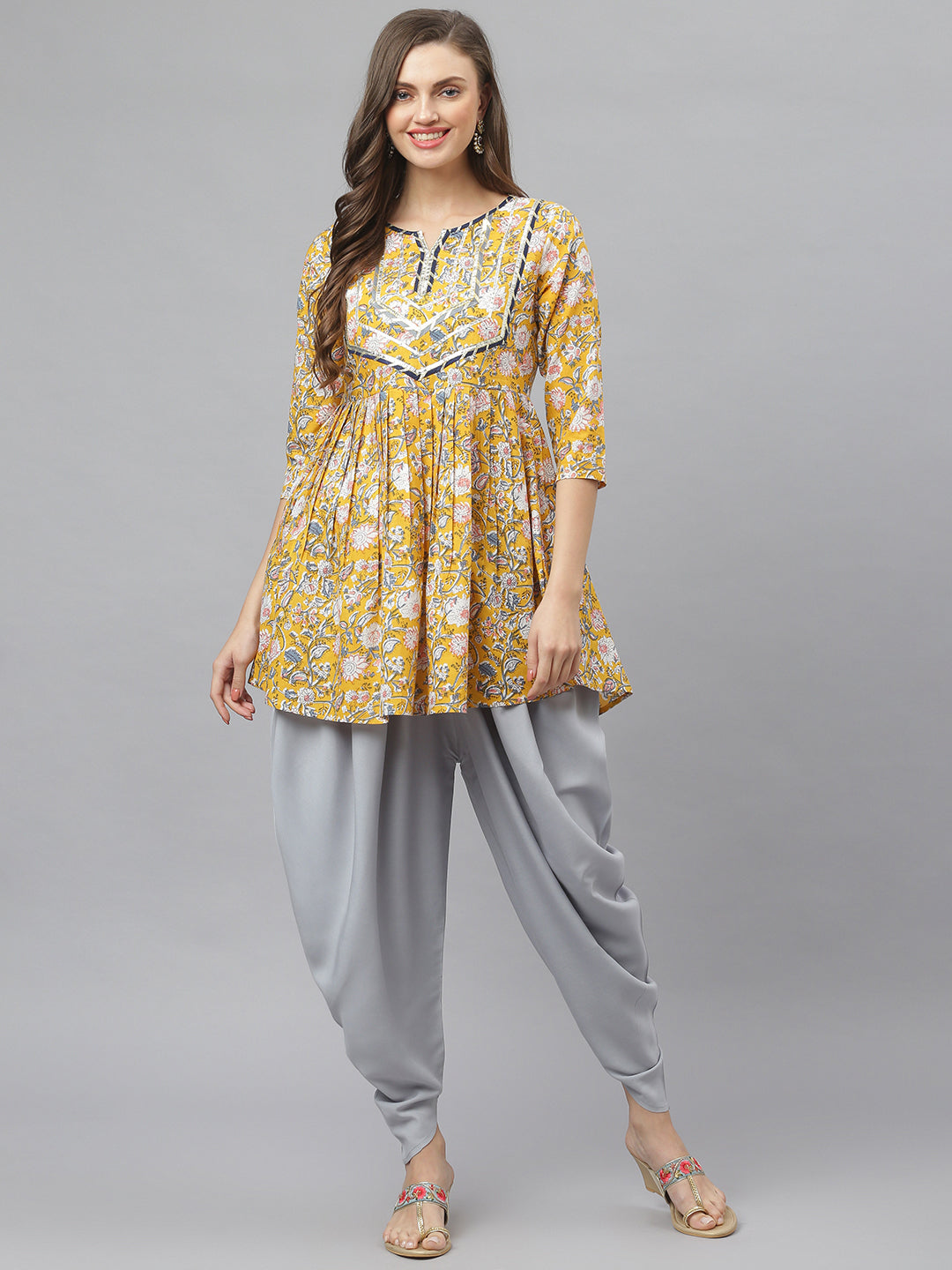 Floral Printed Cotton Pleated Kurta Dhoti Pant Set (Pre-Order)