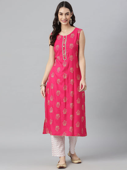 Ethnic Motif Printed Rayon Sleeveless Kurta Pant Set (Pre-Order)