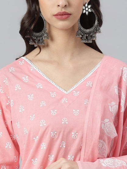 Ethnic Motif Printed Cotton Straight Kurta Pant Dupatta Set (Pre-Order)