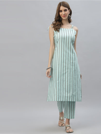 Striped Cotton Blend Straight Kurta Pant Set (Pre-Order)