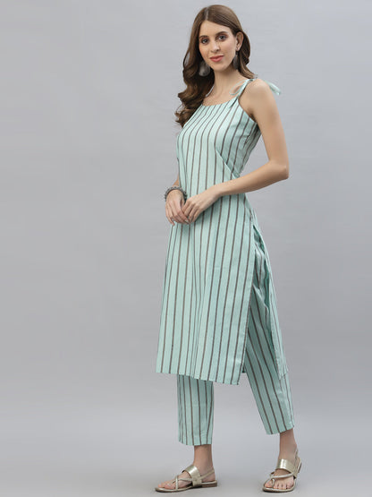 Striped Cotton Blend Straight Kurta Pant Set (Pre-Order)