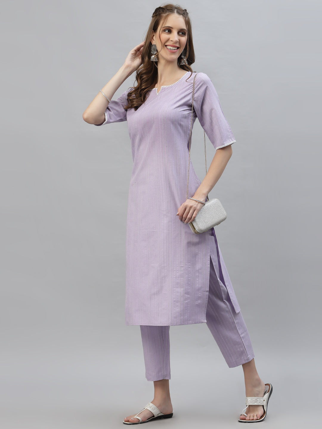 Self Woven Striped Cotton Blend Straight Kurta Pant Set (Pre-Order)