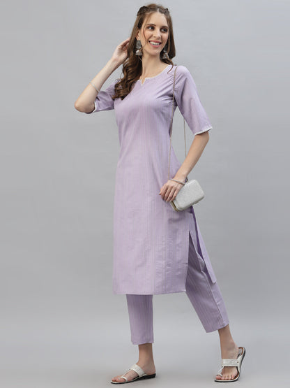 Self Woven Striped Cotton Blend Straight Kurta Pant Set (Pre-Order)