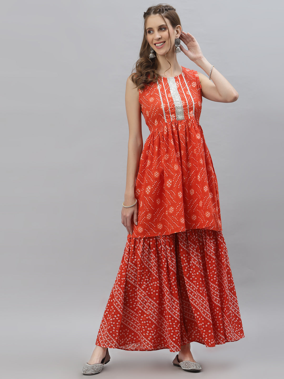 Bandhej printed Cotton Flared short Kurta Sharara Dupatta Set (Pre-Order)