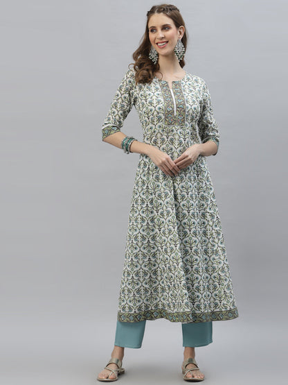 Floral Printed Cotton AnarKali Kurta Pant Dupatta Set (Pre-Order)