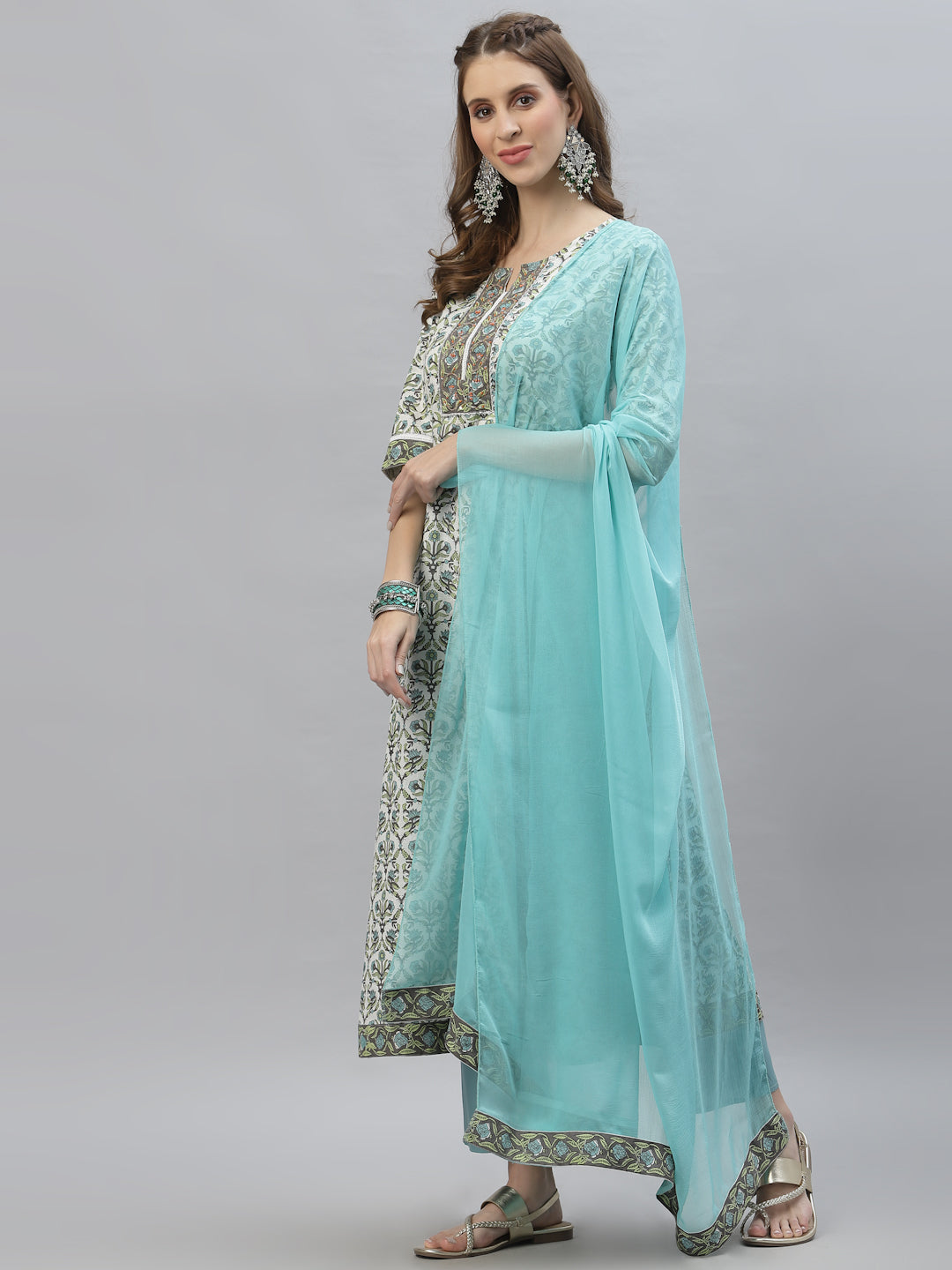 Floral Printed Cotton AnarKali Kurta Pant Dupatta Set (Pre-Order)