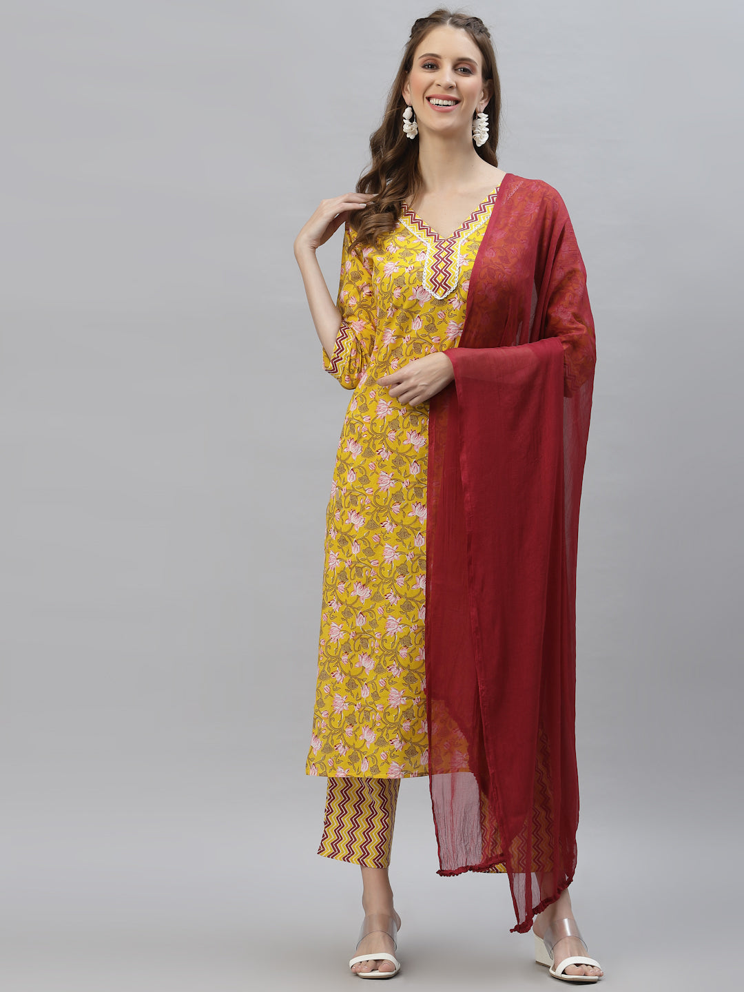 Floral Printed Cotton Straight Kurta Pant Dupatta Set (Pre-Order)