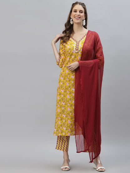 Floral Printed Cotton Straight Kurta Pant Dupatta Set (Pre-Order)