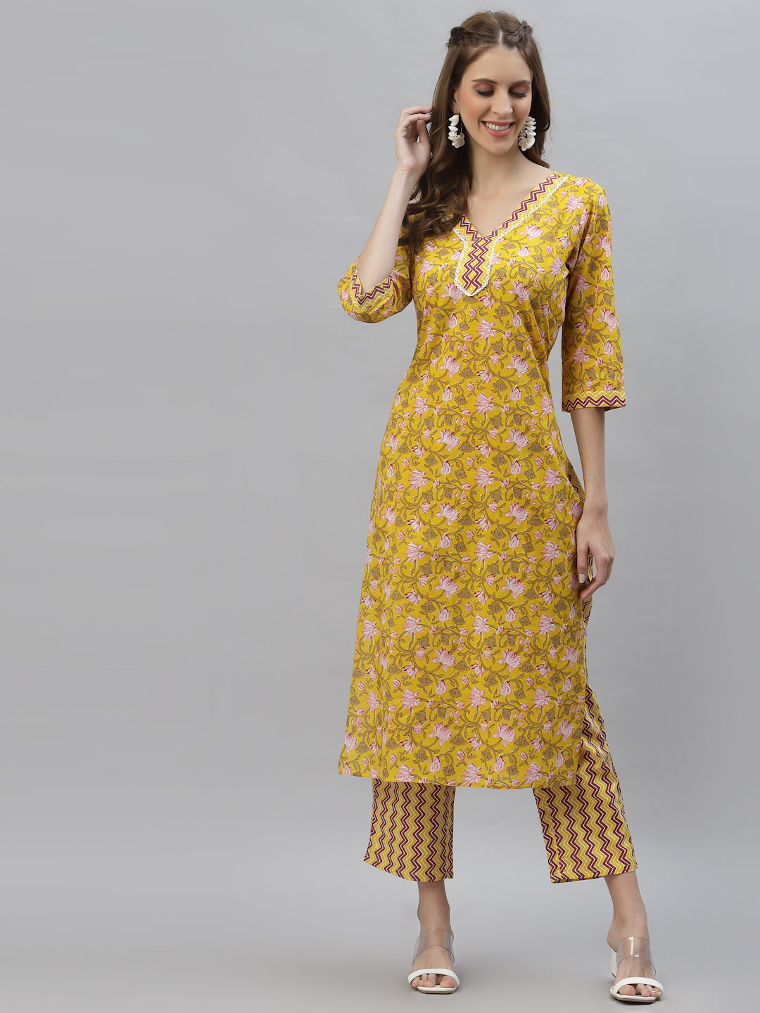 Floral Printed Cotton Straight Kurta Pant Dupatta Set (Pre-Order)