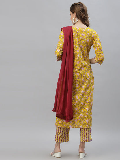 Floral Printed Cotton Straight Kurta Pant Dupatta Set (Pre-Order)