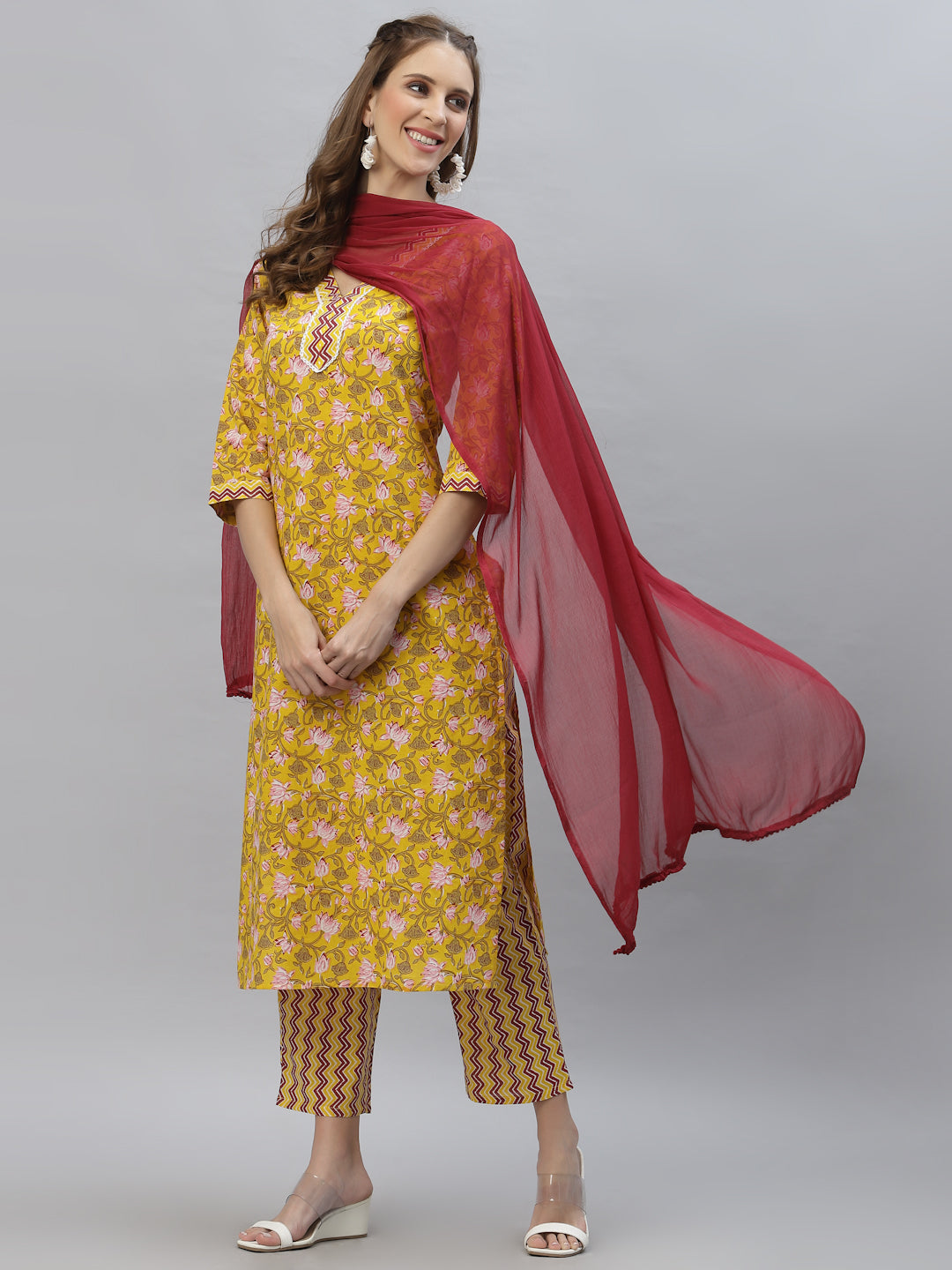 Floral Printed Cotton Straight Kurta Pant Dupatta Set (Pre-Order)