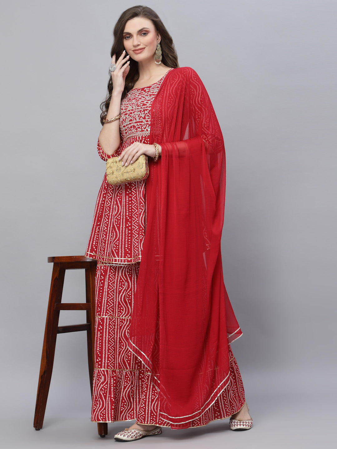Bandhej Printed & Embroidered Kurta Sharara Dupatta Set (Pre-Order)