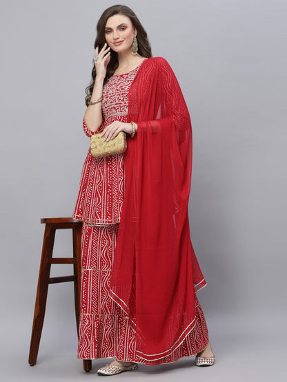 Bandhej Printed & Embroidered Kurta Sharara Dupatta Set (Pre-Order)