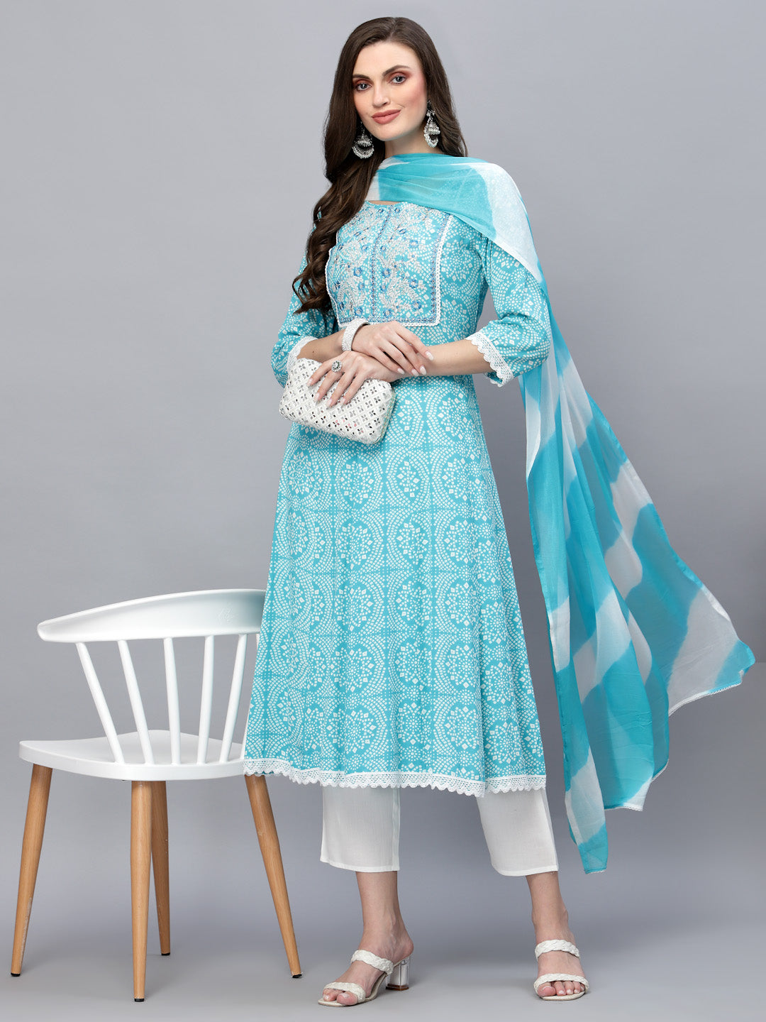 Bandhej Printed & Embroidered Anarkali Kurta Pant Dupatta Set (Pre-Order)