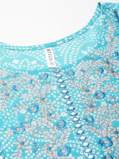 Bandhej Printed & Embroidered Anarkali Kurta Pant Dupatta Set (Pre-Order)