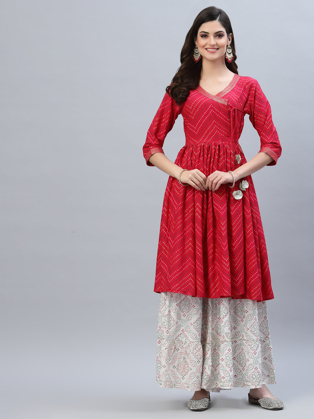 Bandhej Printed Rayon Flared kurta sharara Set (Pre-Order)