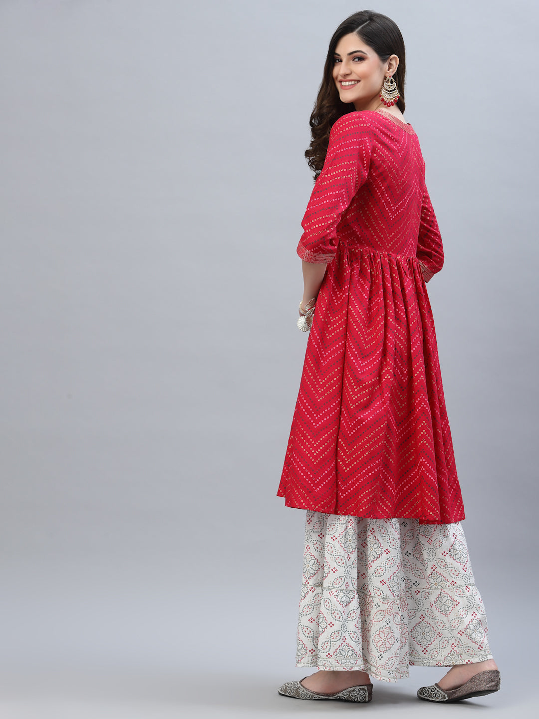 Bandhej Printed Rayon Flared kurta sharara Set (Pre-Order)