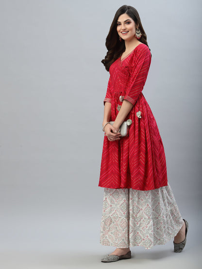 Bandhej Printed Rayon Flared kurta sharara Set (Pre-Order)