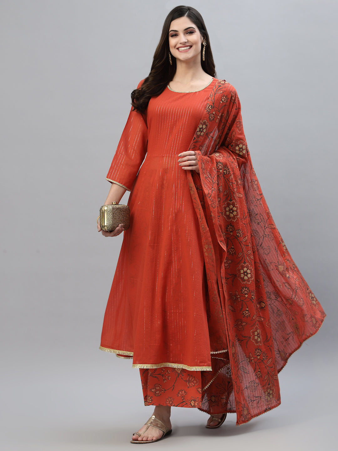 Floral Printed Cotton Anarkali Kurta Palazzo Dupatta Set (Pre-Order)