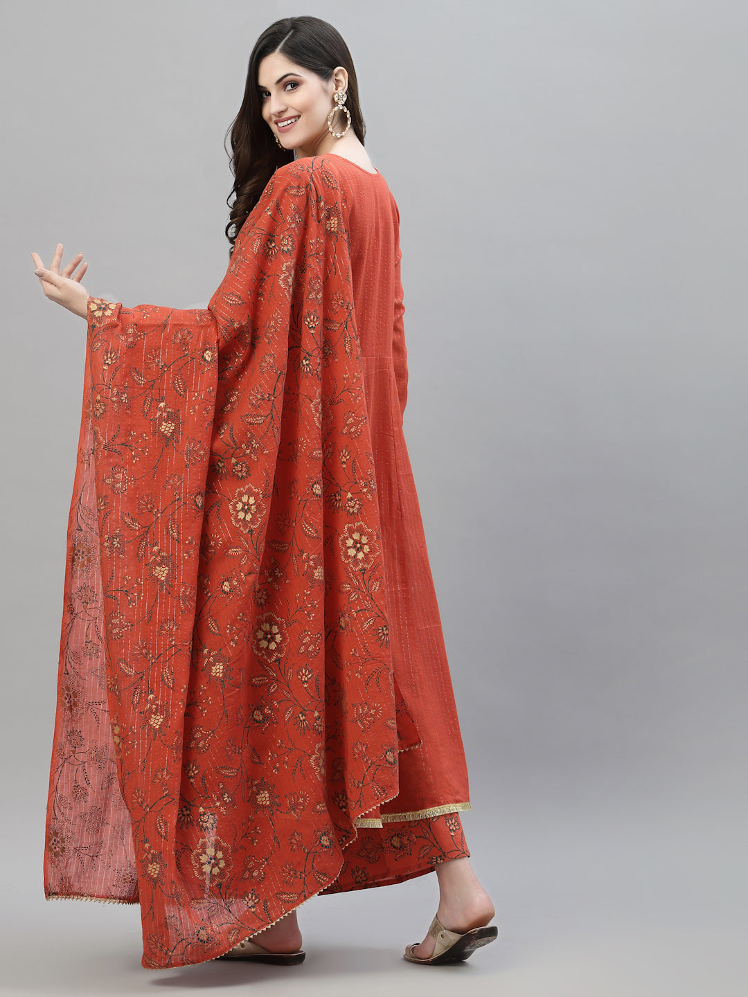 Floral Printed Cotton Anarkali Kurta Palazzo Dupatta Set (Pre-Order)