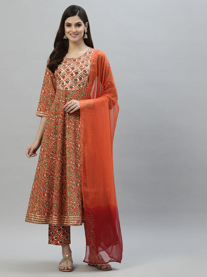 Floral Printed Cotton Anarkali Kurta Pant Dupatta Set (Pre-Order)