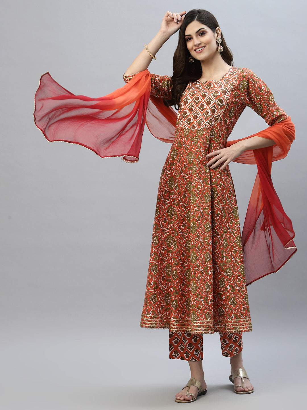 Floral Printed Cotton Anarkali Kurta Pant Dupatta Set (Pre-Order)