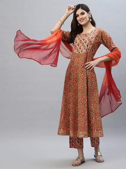 Floral Printed Cotton Anarkali Kurta Pant Dupatta Set (Pre-Order)