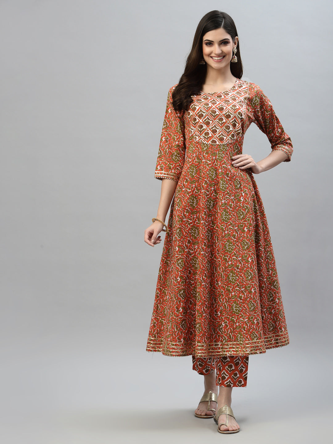 Floral Printed Cotton Anarkali Kurta Pant Dupatta Set (Pre-Order)