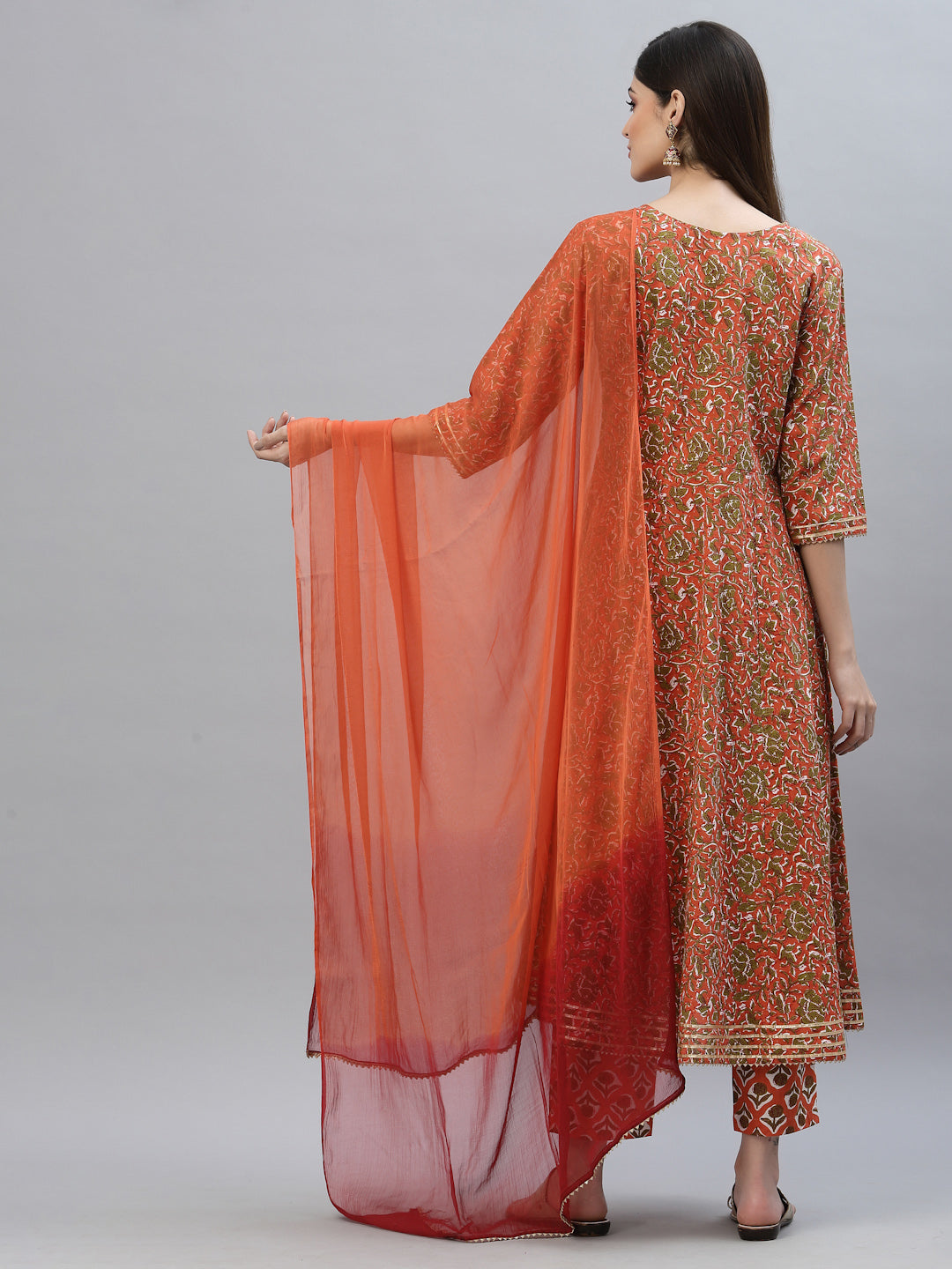 Floral Printed Cotton Anarkali Kurta Pant Dupatta Set (Pre-Order)