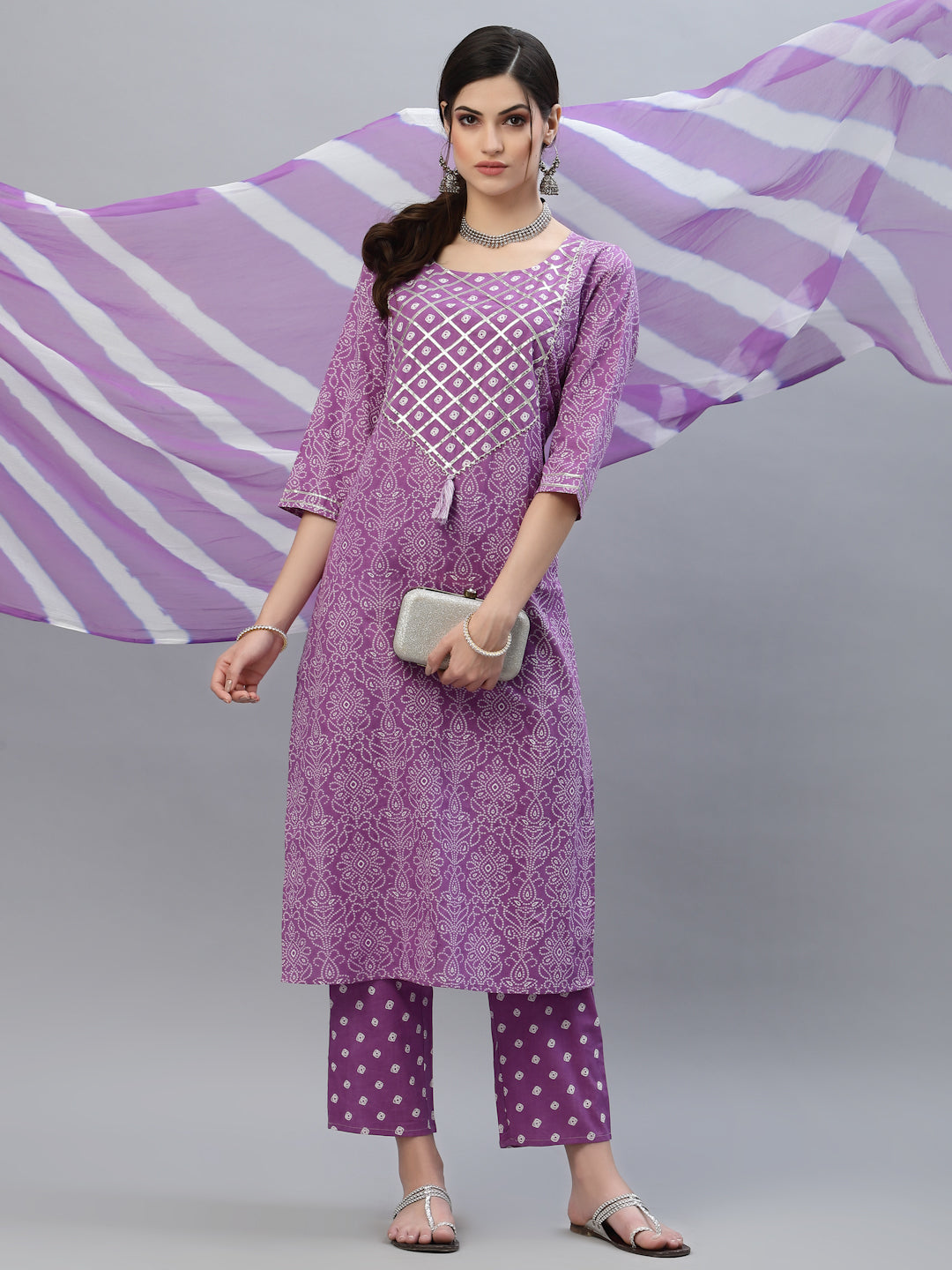 Bandhej Printed Rayon Kurta Pant Dupatta Set (Pre-Order)