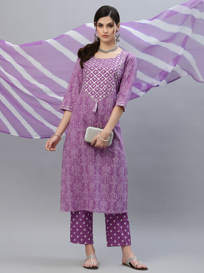 Bandhej Printed Rayon Kurta Pant Dupatta Set (Pre-Order)