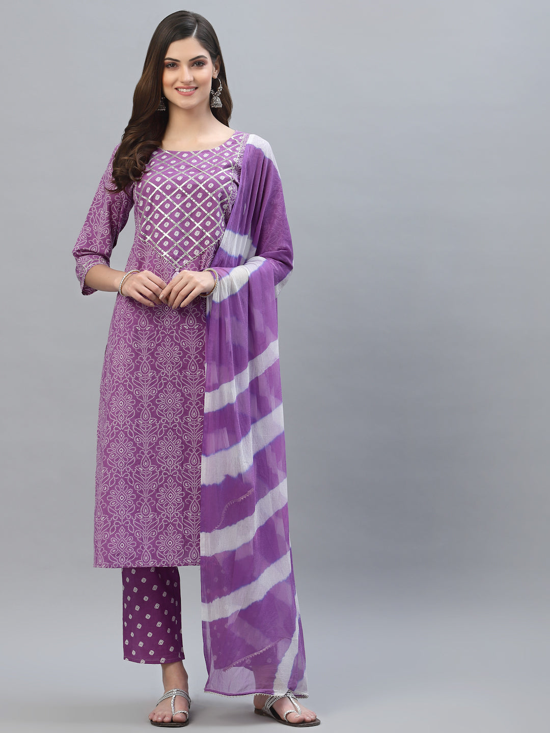 Bandhej Printed Rayon Kurta Pant Dupatta Set (Pre-Order)