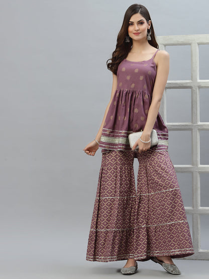 Gold Printed Rayon Short Kurti and Sharara set (Pre-Order)