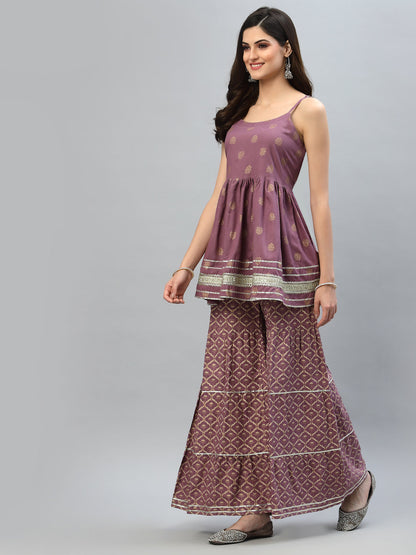 Gold Printed Rayon Short Kurti and Sharara set (Pre-Order)