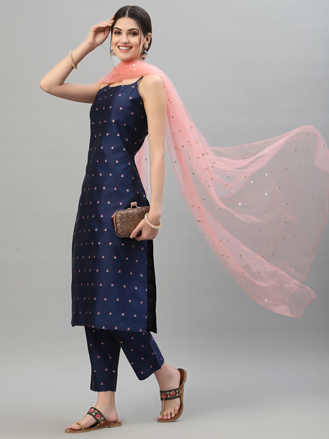Self designed Poly Silk Kurta Pant Dupatta Set (Pre-Order)