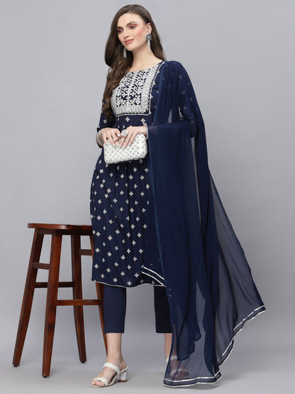 Printed & Embroidered Rayon Straight Kurta Pant Dupatta Set (Pre-Order)